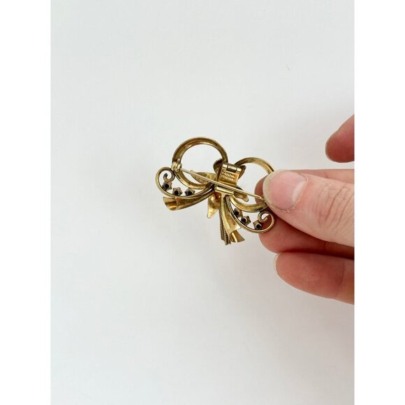 Vintage Ribbon Tassle 12k Gold Filled & Rhinestone Accented Retro Brooch Pin - Picture 5 of 6